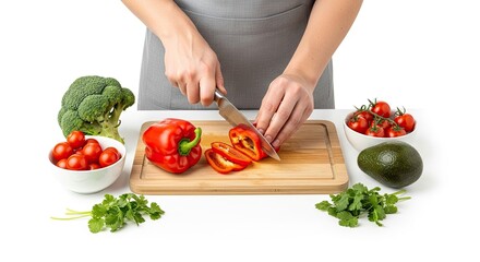 A person cutting a red bell pepper on a wooden cutting board with a knife, surrounded by fresh vegetables and a bowl of tomatoes.