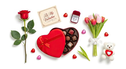 A red rose with green leaves, a heart-shaped box of chocolates, a bouquet of tulips, a teddy bear, and a card that says 'Be My Valentine' on a white background.