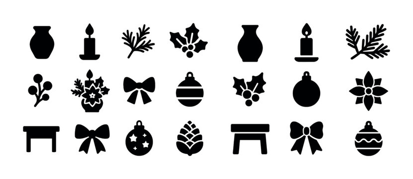 Silhouette icons of christmas decorations: candles, pinecones, holly, bows, and ornaments