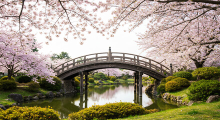 Gentle spring sunlight beautifully illuminates a traditional arch bridge over tranquil water framed by vibrant pink cherry blossoms.. AI Generated
