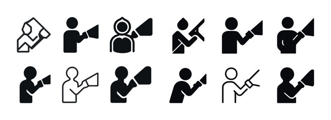 Set of protest icons: megaphones, raised fists, diverse styles for activism and advocacy