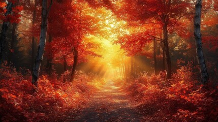 Sunlight streams down a pathway through a vibrant autumn forest, ablaze with red and orange foliage