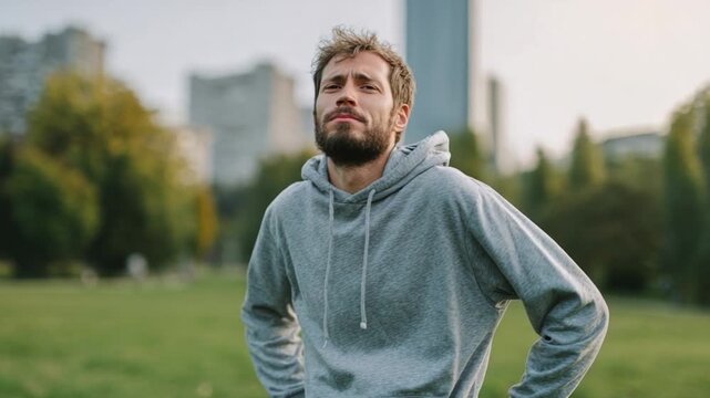  Exhaustion after Exercise: A portrait of a man, flushed and breathless, pausing after a challenging outdoor workout, conveying the exertion and satisfaction that follow physical effort.