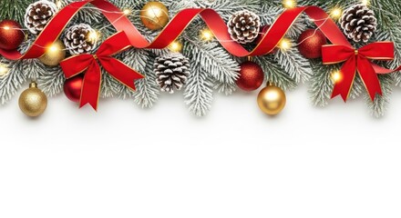 Christmas tree branches adorned with red ribbons, pine cones, and festive ornaments against a white background.