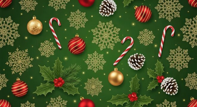 Christmas-themed pattern with snowflakes, ornaments, and candy canes on a green background. - Powered by Adobe