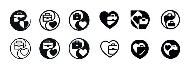 Set of business and heart icon logos in black and white