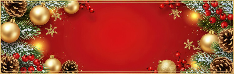 Christmas-themed banner with gold ornaments, pine cones, and holly berries on a red background.