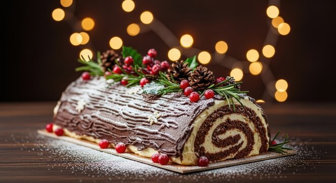 A beautifully decorated Christmas yule log with red berries and pine cones on a wooden table with a warm, festive background.