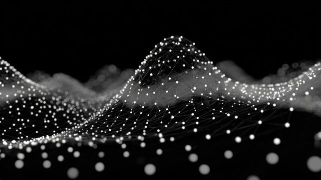 Abstract representation of waves formed by interconnected dots on a black background, evoking a sense of data flow and movement.