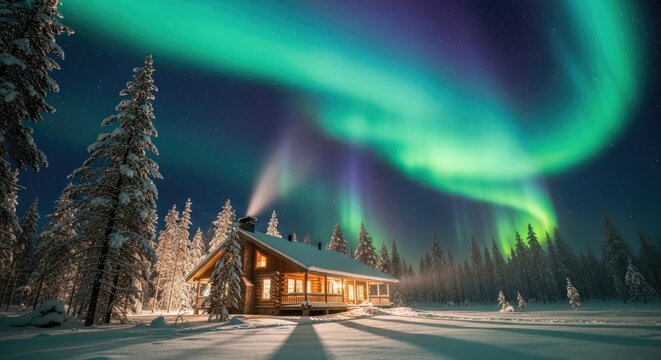 A cozy log cabin with a snow-covered roof and chimney, surrounded by a snowy forest with tall pine trees, under a vibrant aurora borealis sky. - Powered by Adobe