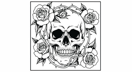 Fototapeta premium Monochrome image of a skull surrounded by roses and thorny vines. Skull is detailed with shading. Square format.