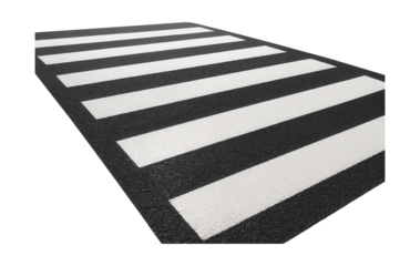 Zebra-striped pedestrian crosswalk with reflective markings.