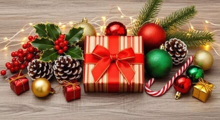 Christmas gift box with red ribbon and green and red ornaments on a wooden table with lights and holly leaves.