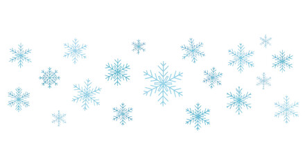 A collection of light blue snowflake illustrations of varying sizes scattered horizontally across a white background. Wintery and simple.