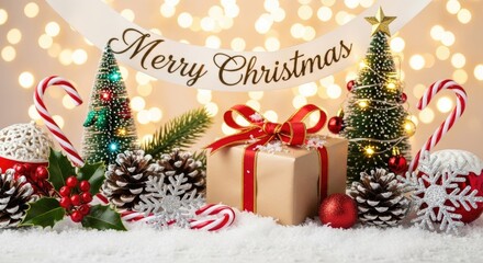 Christmas-themed decorations with a gift box, candy canes, and pine cones on a snowy surface with a festive banner reading 'Merry Christmas'