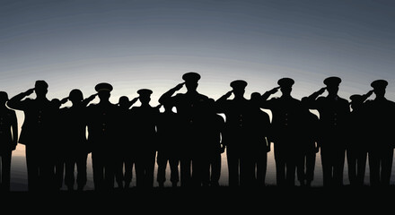 Naklejka premium Silhouette of a line of military personnel in uniform saluting against a dawn or dusk sky. Represents honor, respect, and patriotism.