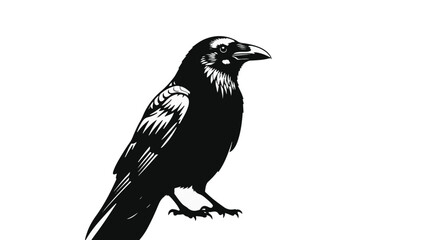 Obraz premium A detailed, monochrome drawing of a raven perched, looking to the right. The image has high contrast and emphasizes the bird's feathers and strong features.