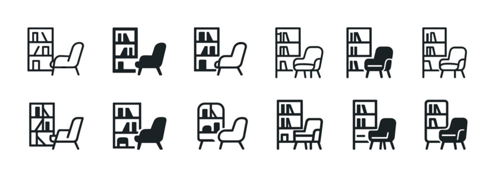 Minimalist bookshelf and chair icons in various arrangements