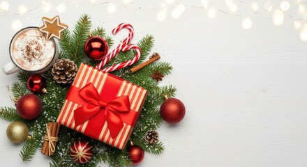 Christmas gift box with red ribbon and ornaments on a white wooden table with pine branches and lights.