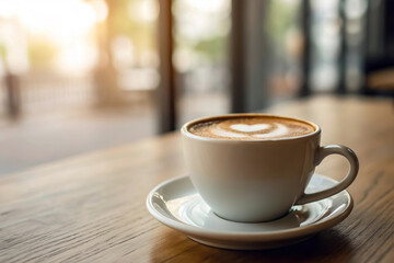 Cozy cafe moment captured a steaming cup of coffee featuring exquisite heart latte art, served on a warm wooden table under soft, ambient light