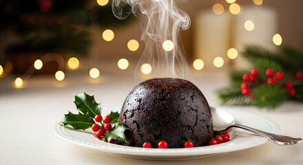 A steaming Christmas pudding with holly and berries on a white plate.