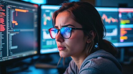 Presbyopia Woman concept. Focused woman working on multiple screens with data analysis.