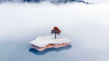 A single tree with orange foliage stands on a small, rocky island in a calm, misty lake. The background features a misty forest line under a soft, diffused ligh