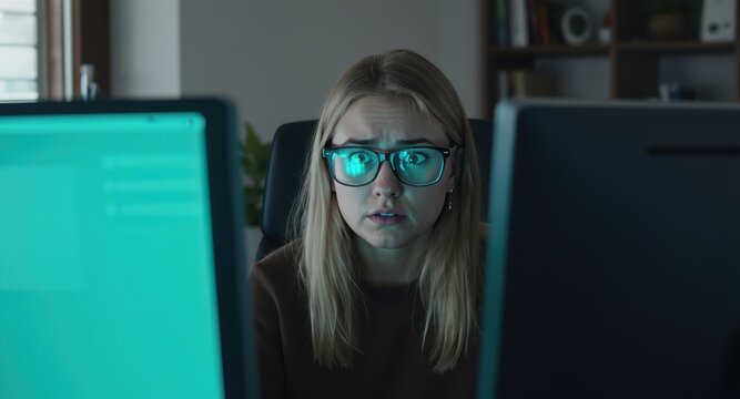 Presbyopia Woman concept. Woman staring at computer monitors with glasses and intense focus.