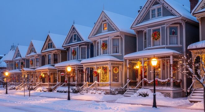 A snowy street lined with Victorian-style houses decorated for Christmas, with snow-covered railings and festive wreaths on the windows.