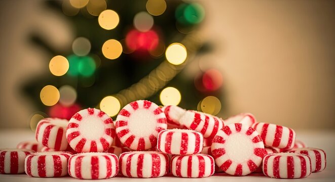A pile of red and white striped peppermints with a blurred Christmas tree in the background.