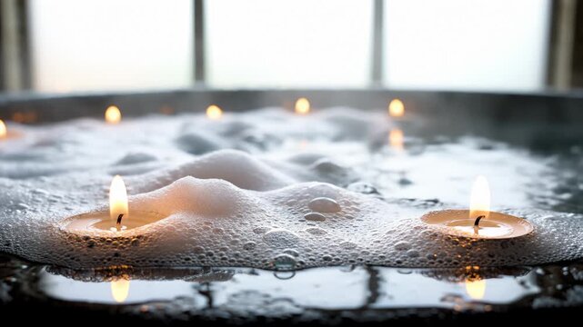 Relaxing Hot Tub Filled With Bubbles and Candles Glowing