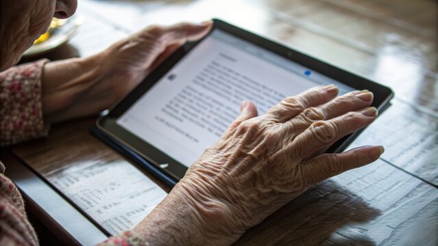 Presbyopia Woman concept. Elderly hands using a tablet on a wooden table.