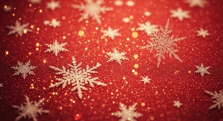 Snowflakes on a red background with glitter and sparkles.