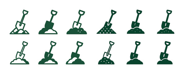 Green shovel icon set in various positions for gardening and construction