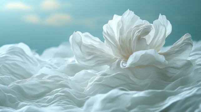 A delicate white floral bloom appears to float atop swirling, fabric-like waves