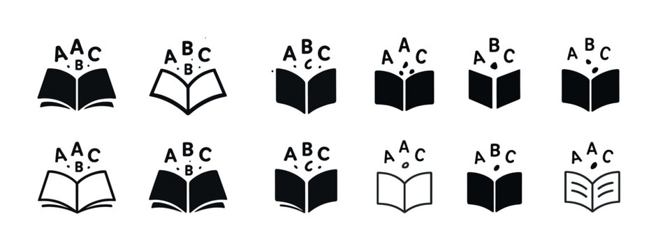 Set of book and alphabet icon variations in black and white - Powered by Adobe