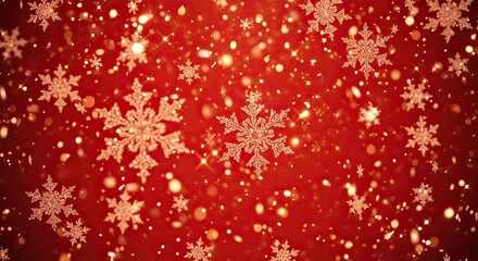 Red and gold snowflakes falling against a red background.