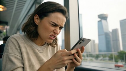 Presbyopia Woman concept. Frustrated woman using a smartphone in a modern urban setting.