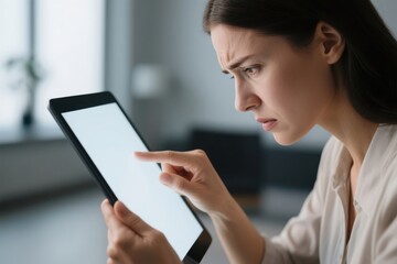 Fototapeta premium Presbyopia Woman concept. Woman focused on tablet, showing concentration and concern.