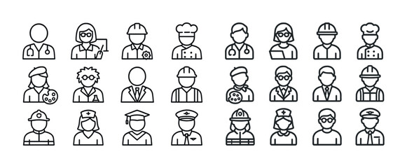 Line art icons representing diverse professional occupations and roles