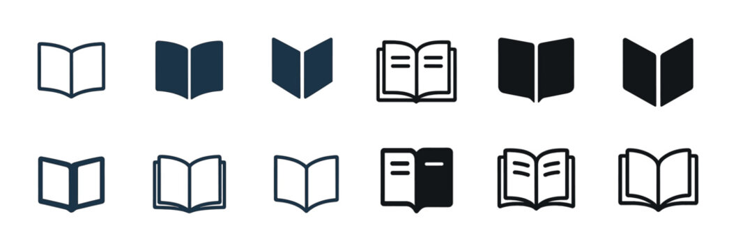Icon set: open book designs in various styles and shades