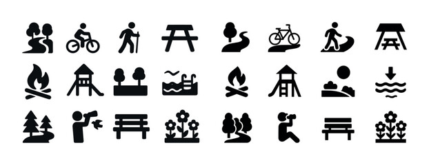 Outdoor recreation icons: biking, hiking, camping, picnicking, swimming