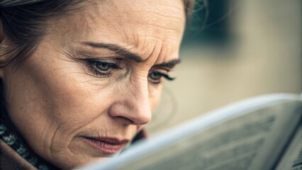 Presbyopia Woman concept. Woman reading a newspaper with a thoughtful expression.