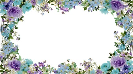 A beautiful floral border featuring purple and blue roses, surrounded by various delicate flowers on a white background.