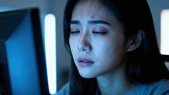 Presbyopia Woman concept. Focused woman working late at a computer screen.