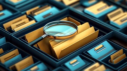 Magnifying glass over organized file folders in storage