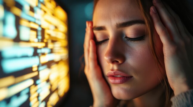 Presbyopia Woman concept. Woman holding her head, expressing stress and frustration in low light. - Powered by Adobe