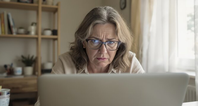 Presbyopia Woman concept. Focused woman working on a laptop in a bright room.