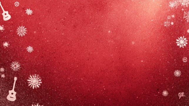 A festive red background sprinkled with white snowflakes and guitar silhouettes, creating a cheerful holiday atmosphere.