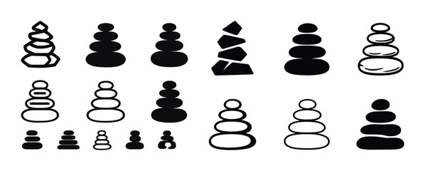 Variety of stacked stone cairns silhouettes in diverse shapes and sizes